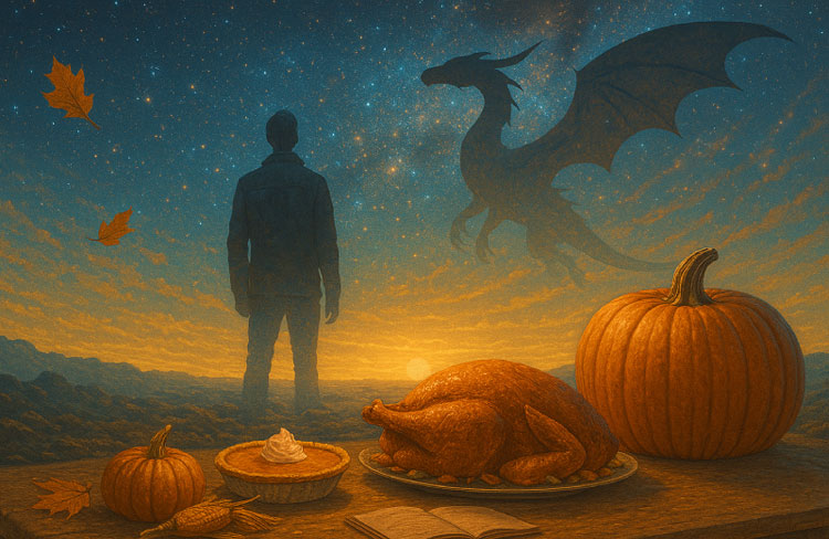 Landscape artwork of a man standing before a bright cosmic sky with a dragon silhouette, inspired by the Richard sci-fi series.